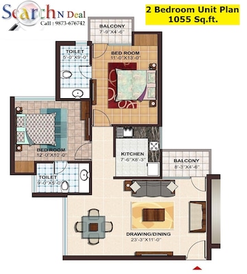 Floor Plan in 2 BHK Apartment at Ramprastha City The Atrium, Sector 37d – for Rent