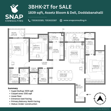 Floor Plan in 3 BHK Apartment at Assetz Bloom And Dell, Whitefield Road – for Sale