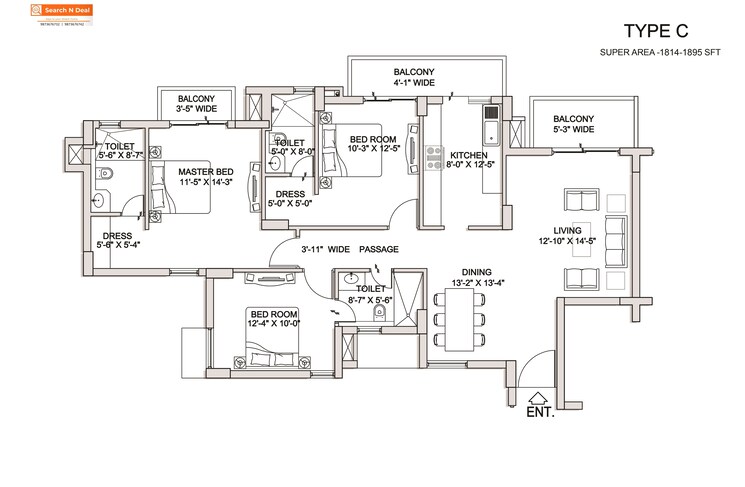 Floor Plan, bptp-park-serene 3 Bedroom 1814 Sq.Ft. Apartment In Sector 37d Gurgaon 9666349