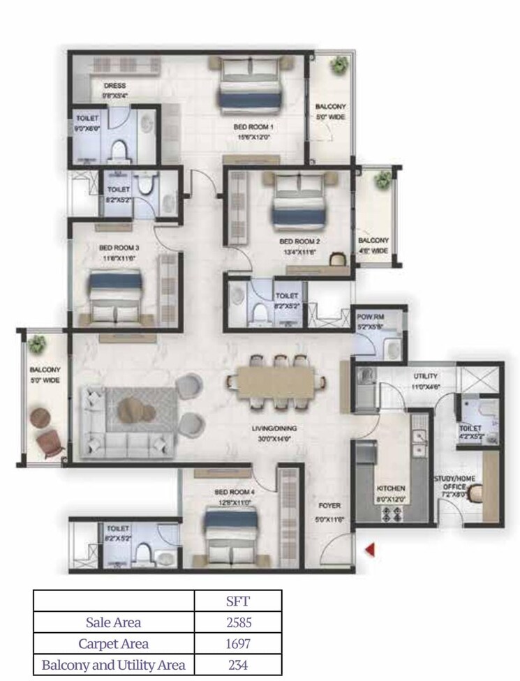 Floor Plan, prestige-lavender-fields 4 Bedroom 2585 Sq.Ft. Apartment In Varthur Bangalore 9666652