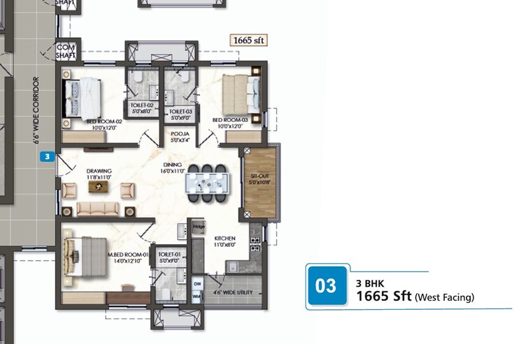 Floor Plan, rajapushpa-sierra 3 Bedroom 1665 Sq.Ft. Apartment In Tellapur Hyderabad 9667081