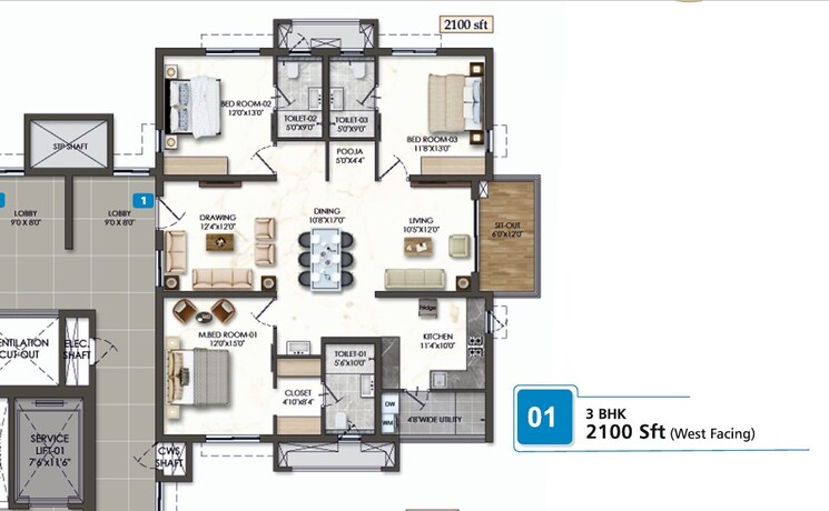 Floor Plan, rajapushpa-sierra 3 Bedroom 1665 Sq.Ft. Apartment In Tellapur Hyderabad 9667081