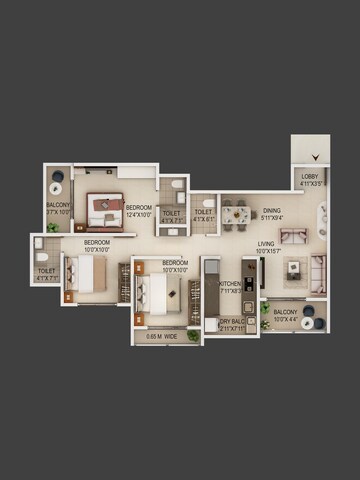 Floor Plan in 3 BHK Apartment at Silver Queenstown, Moshi – for Sale