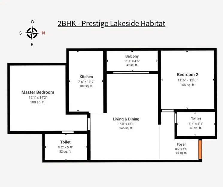 Floor Plan, prestige-lakeside-habitat-apartments 2 Bedroom 1195 Sq.Ft. Apartment In Whitefield Bangalore 9674447