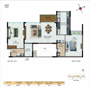 Floor Plan in 2 BHK Apartment at Casagrand Estancia, Thanisandra Main Road – for Sale