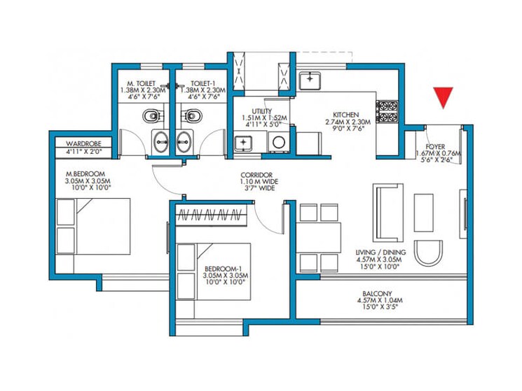 Floor Plan, godrej-park-retreat 2 Bedroom 998 Sq.Ft. Apartment In Sarjapur Road Bangalore 9705408