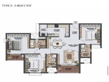 Floor Plan in 3 BHK Apartment at Prestige Green Gables, Panathur – for Sale