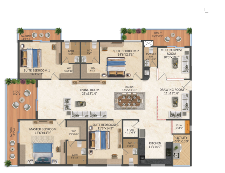 Floor Plan, puppalaguda 3.5 Bedroom 3070 Sq.Ft. Apartment In Puppalaguda Hyderabad 9721098