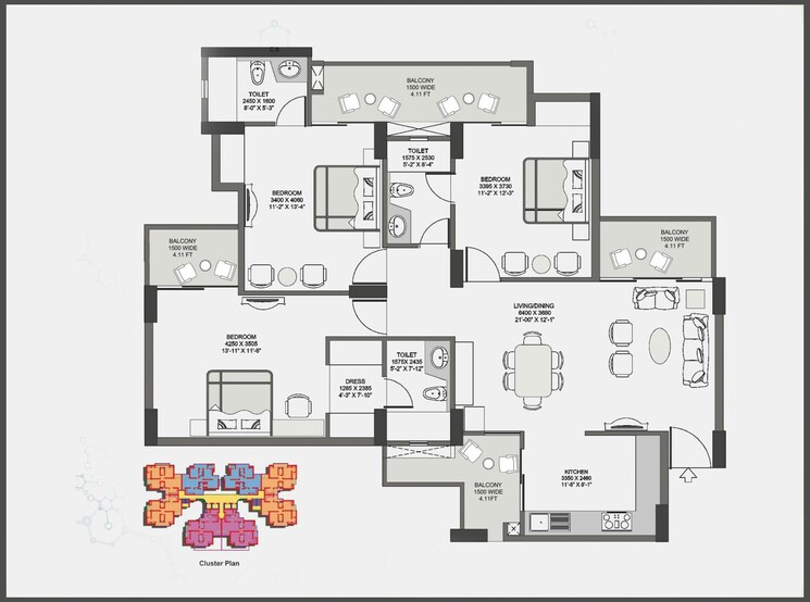 Floor Plan, purvanchal-royal-city 3 Bedroom 1725 Sq.Ft. Apartment In Chi V Greater Noida Greater Noida 9722304