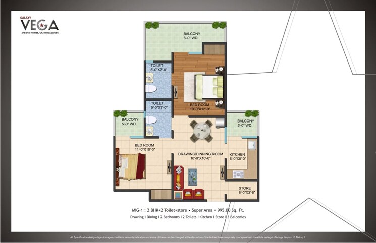 Floor Plan, galaxy-vega 2 Bedroom 995 Sq.Ft. Apartment In Tech Zone 4 Greater Noida Greater Noida 9739578