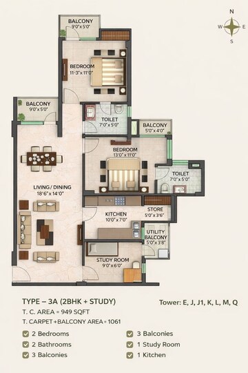 Floor Plan in 2.5 BHK Apartment at Logix Blossom County, Sector 137 – for Rent