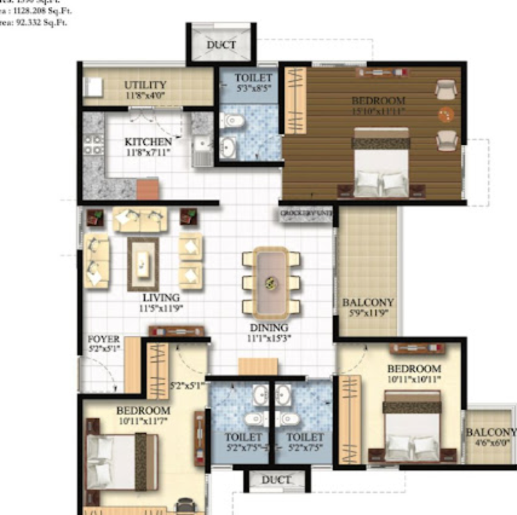 Floor Plan, shriram-luxor 3 Bedroom 1590 Sq.Ft. Apartment In Chikkagubbi Village Bangalore 9750541
