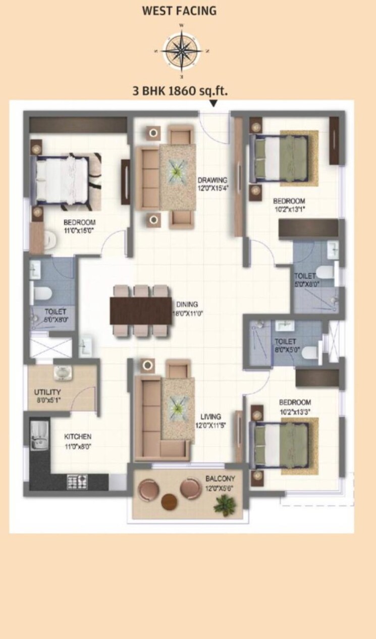 Floor Plan, ramky-one-galaxia 3 Bedroom 1860 Sq.Ft. Apartment In Nallagandla Hyderabad 9816733