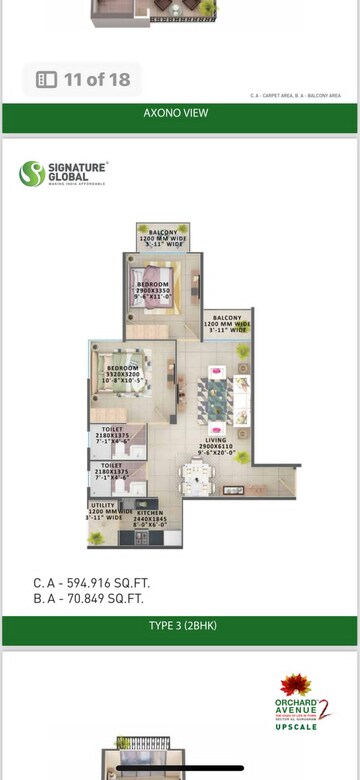 Floor Plan in 2 BHK Apartment at Signature Global Orchard Avenue, Sector 93 – for Sale