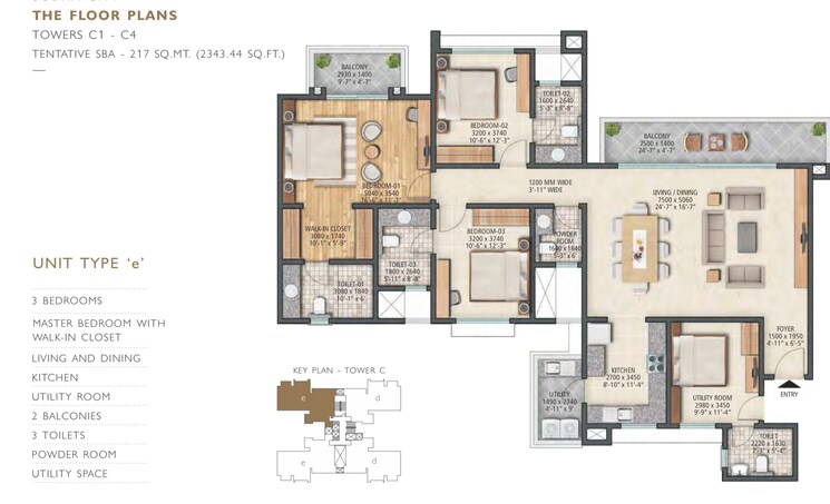 Floor Plan, sobha-city-gurgaon 3 Bedroom 2072 Sq.Ft. Apartment In Sector 108 Gurgaon 9894216