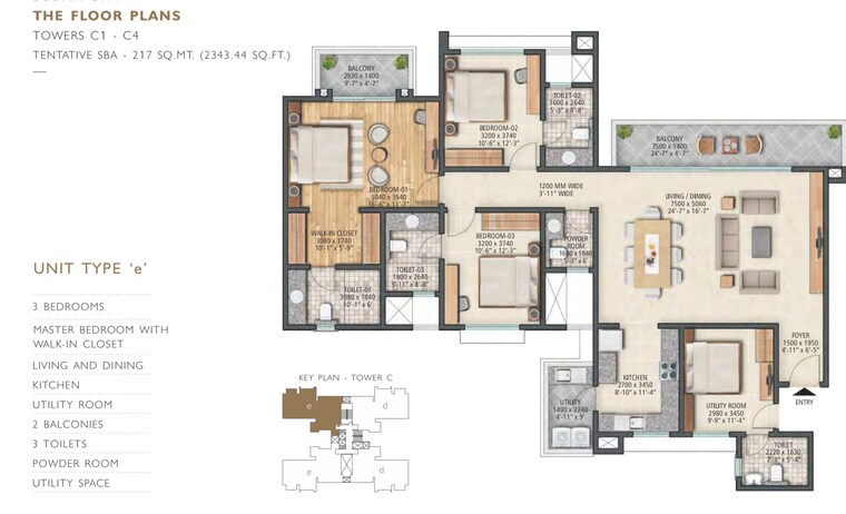 Floor Plan, sobha-city-gurgaon 3 Bedroom 2072 Sq.Ft. Apartment In Sector 108 Gurgaon 9894216