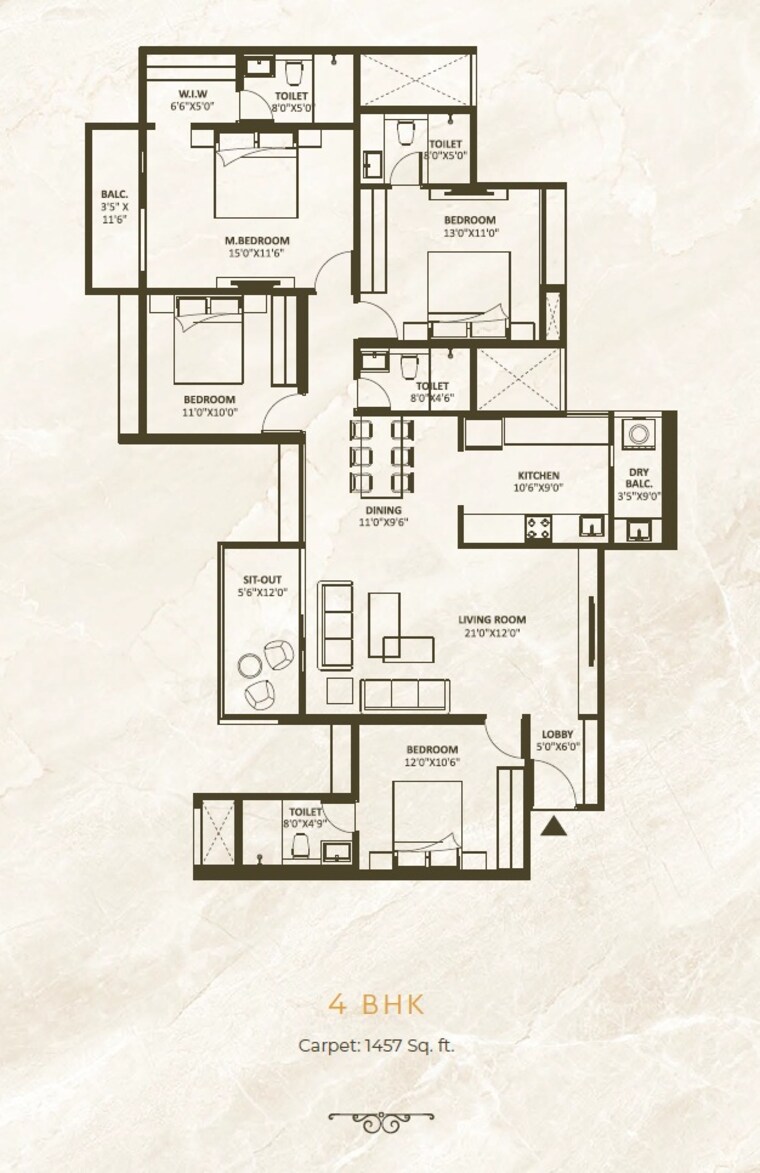 Floor Plan, wakad 3 Bedroom 1050 Sq.Ft. Apartment In Wakad Pune 9961988