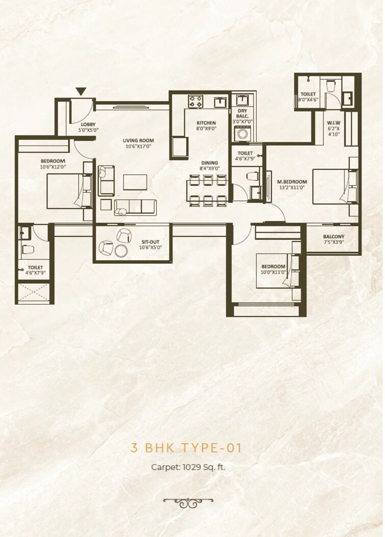 Floor Plan, wakad 3 Bedroom 1050 Sq.Ft. Apartment In Wakad Pune 9961988