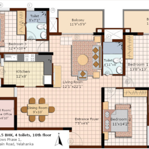 Floor Plan in 3.5 BHK Apartment at NCC Nagarjuna Meadows, Anantapuram – for Rent