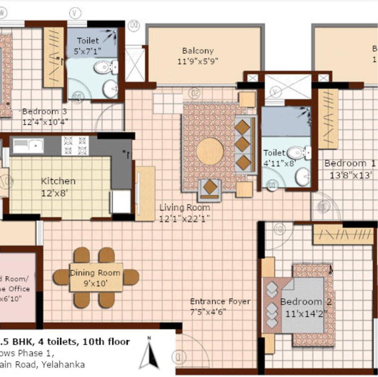 Floor Plan, ncc-nagarjuna-meadows 3.5 Bedroom 1990 Sq.Ft. Apartment In Anantapuram Bangalore 10057587
