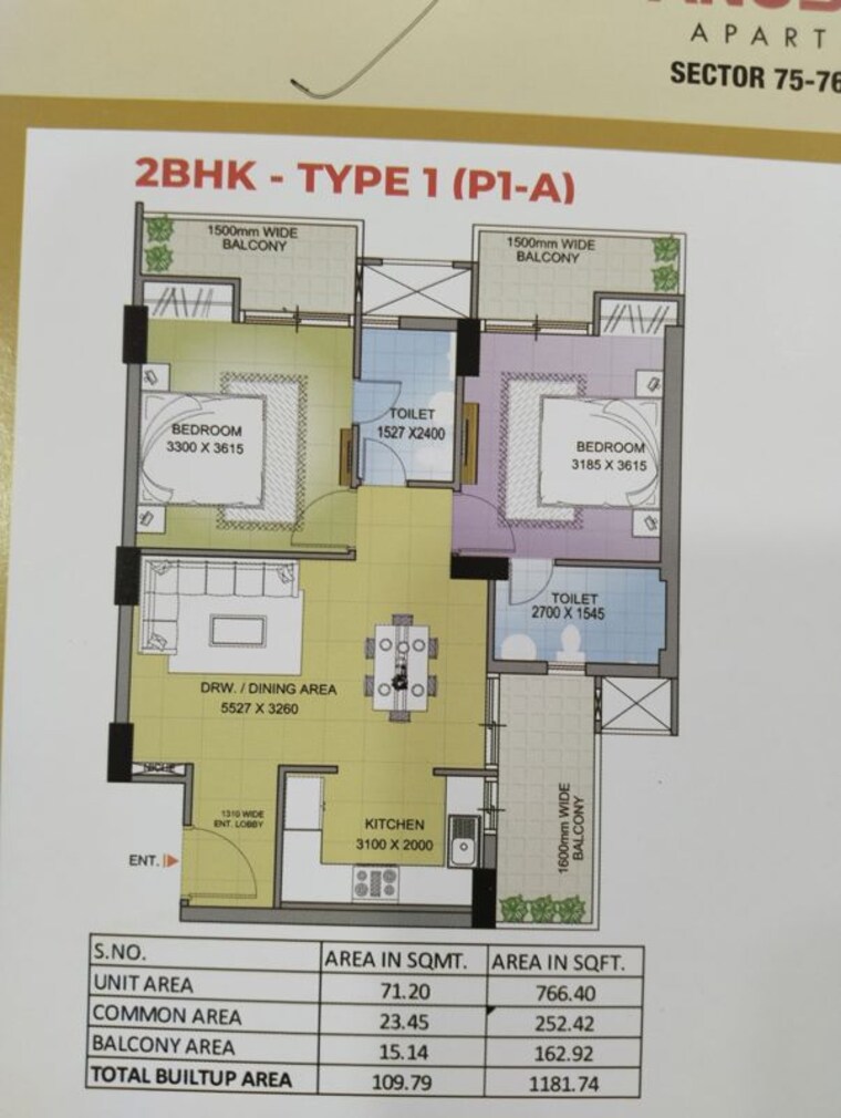 Floor Plan, slf-anushree 2 Bedroom 1200 Sq.Ft. Apartment In Sector 75 Faridabad 8042731
