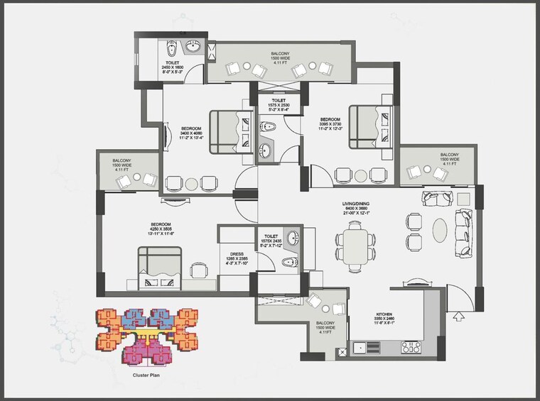 Floor Plan, purvanchal-royal-city 3 Bedroom 1725 Sq.Ft. Apartment In Chi V Greater Noida Greater Noida 9722304