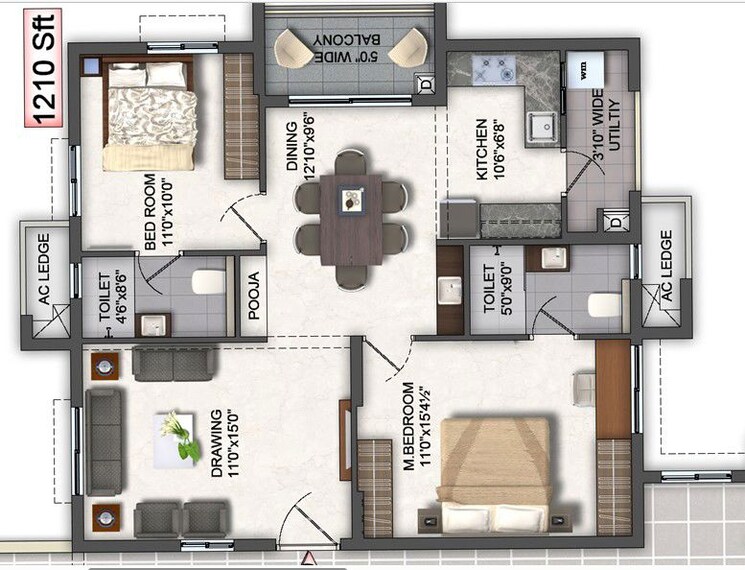 Floor Plan, aspire-spaces-ameya 3 Bedroom 1695 Sq.Ft. Apartment In Miyapur Hyderabad 9727542