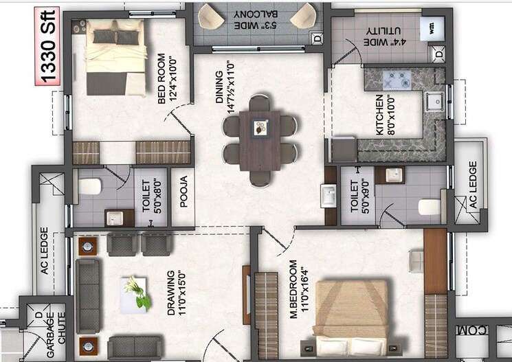 Floor Plan, aspire-spaces-ameya 3 Bedroom 1695 Sq.Ft. Apartment In Miyapur Hyderabad 9727542