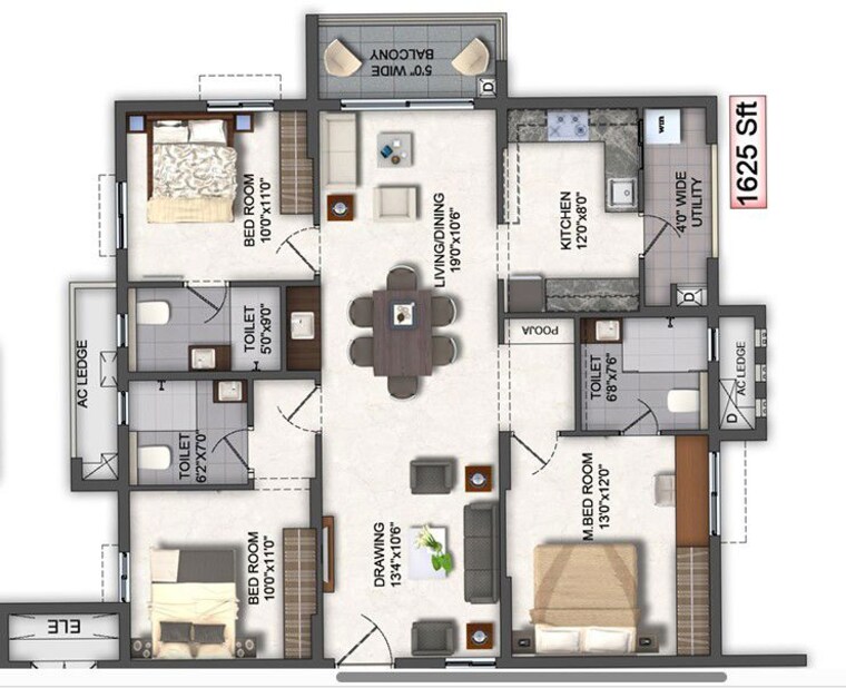 Floor Plan, aspire-spaces-ameya 3 Bedroom 1695 Sq.Ft. Apartment In Miyapur Hyderabad 9727542