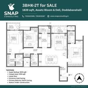 Floor Plan in 3 BHK Apartment at Assetz Bloom And Dell, Whitefield Road – for Sale