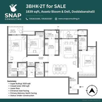Floor Plan in 3 BHK Apartment at Assetz Bloom And Dell, Whitefield Road – for Sale