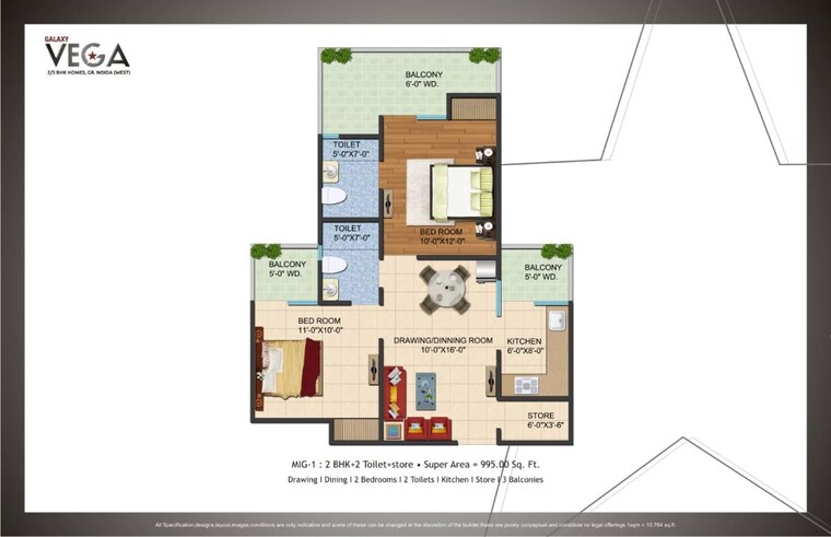 Floor Plan, galaxy-vega 2 Bedroom 995 Sq.Ft. Apartment In Tech Zone 4 Greater Noida Greater Noida 9739578