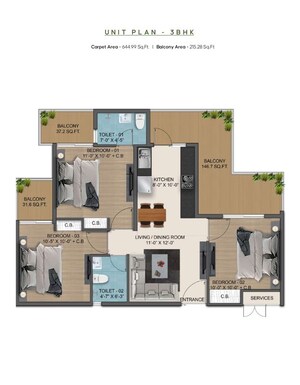 Floor Plan in 3 BHK Apartment at Sector 98 – for Sale