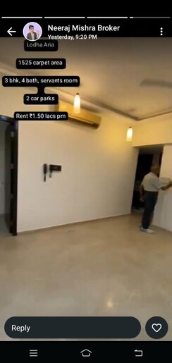3 BHK + Servant Room Apartment For Rent in Lodha Aria