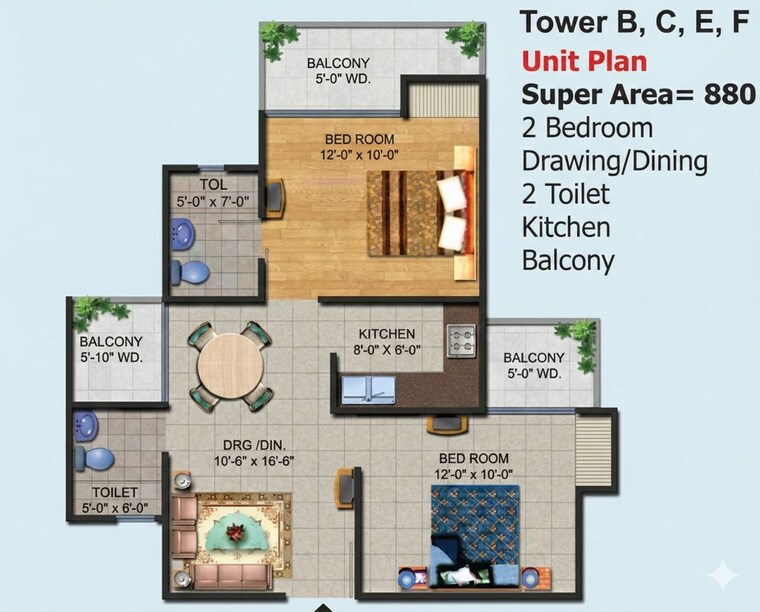 Floor Plan, ajnara-homes 2 Bedroom 880 Sq.Ft. Apartment In Sector 16b Greater Noida Greater Noida 9752888