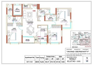 Floor Plan in 3 BHK Apartment at Ahad Serenity, Rayasandra – for Sale