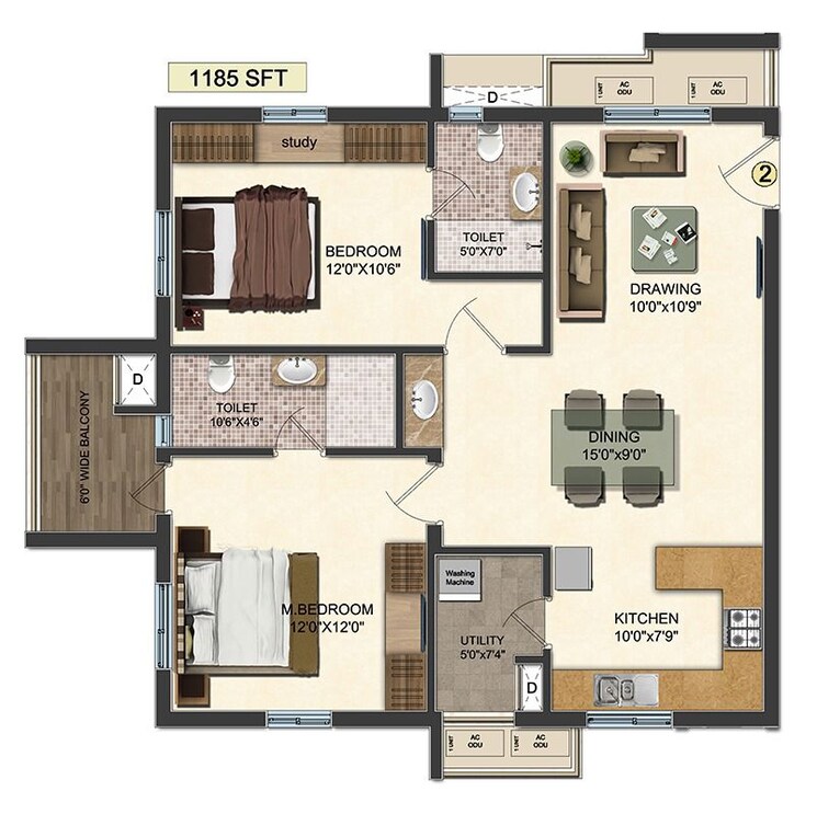 Floor Plan, accurate-wind-chimes 2 Bedroom 1285 Sq.Ft. Apartment In Gachibowli Hyderabad 9767356