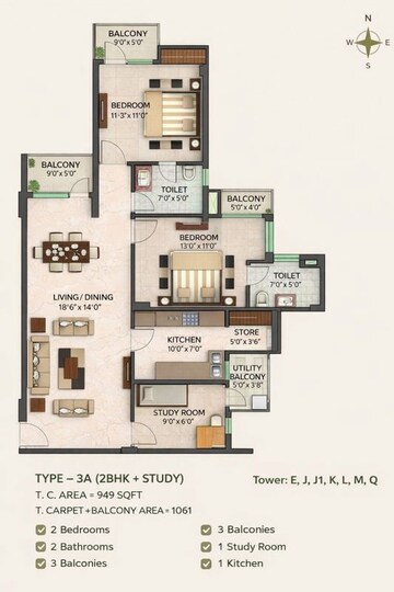Floor Plan in 2.5 BHK Apartment at Logix Blossom County, Sector 137 – for Rent