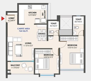 Floor Plan in 2 BHK Apartment at Abhinav Pebbles Greenfields, Tathawade – for Sale