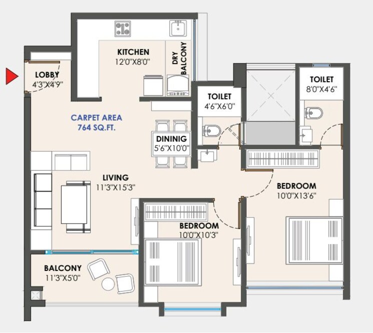 Floor Plan, abhinav-pebbles-greenfields 2 Bedroom 766 Sq.Ft. Apartment In Tathawade Pune 9801237
