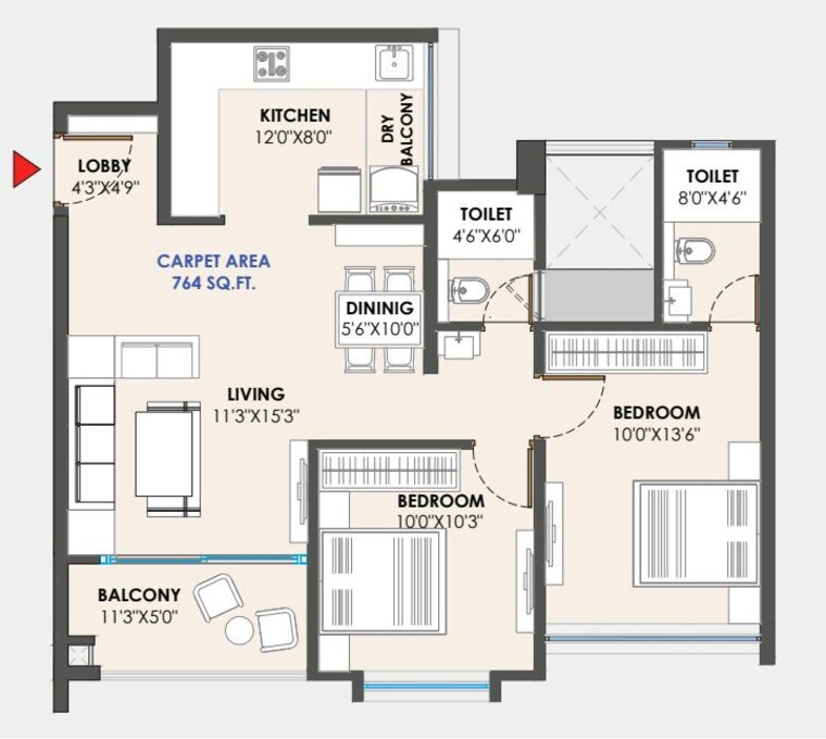 Floor Plan, abhinav-pebbles-greenfields 2 Bedroom 766 Sq.Ft. Apartment In Tathawade Pune 9801237