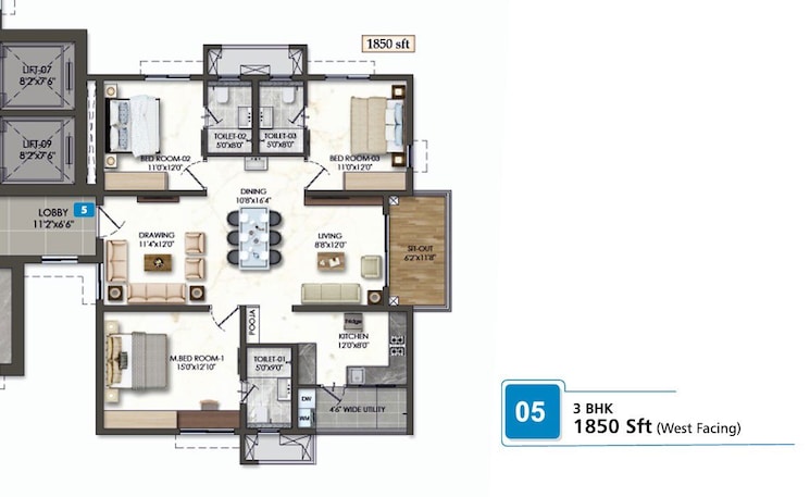 Floor Plan, rajapushpa-sierra 3 Bedroom 1850 Sq.Ft. Apartment In Tellapur Hyderabad 9812606
