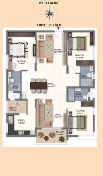 Floor Plan in 3 BHK Apartment at Ramky One Galaxia, Nallagandla – for Sale