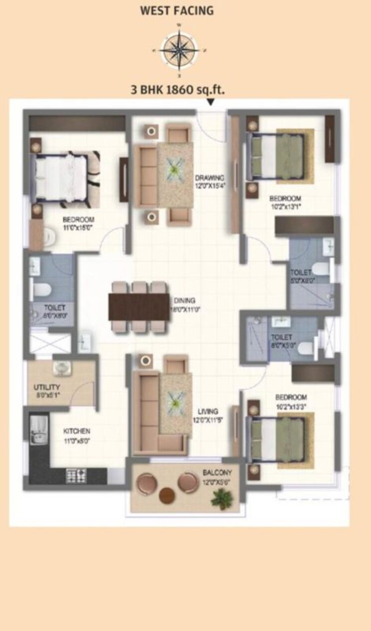 Floor Plan, ramky-one-galaxia 3 Bedroom 1860 Sq.Ft. Apartment In Nallagandla Hyderabad 9816733