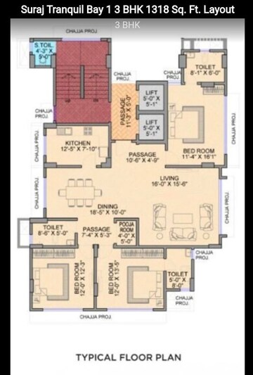 Floor Plan in 3 BHK Apartment at Suraj Tranquil Bay 1, Prabhadevi – for Rent
