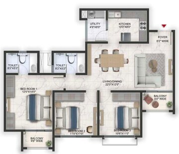 Floor Plan in 3 BHK Apartment at Prestige Glenbrook, Whitefield – for Sale