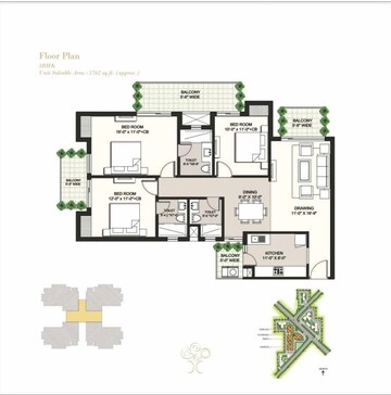 Floor Plan in 3 BHK Apartment at Ansal Highland Park, Sector 103 – for Sale