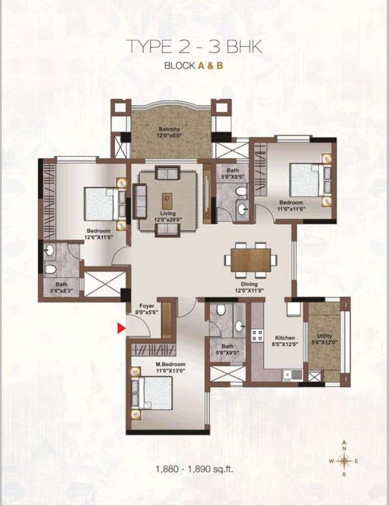 Floor Plan, horamavu 3 Bedroom 1890 Sq.Ft. Apartment In Horamavu Bangalore 9028621