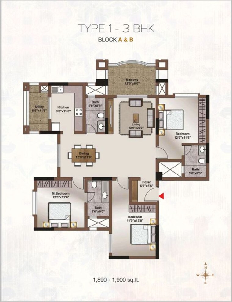 Floor Plan, horamavu 3 Bedroom 1890 Sq.Ft. Apartment In Horamavu Bangalore 9028621