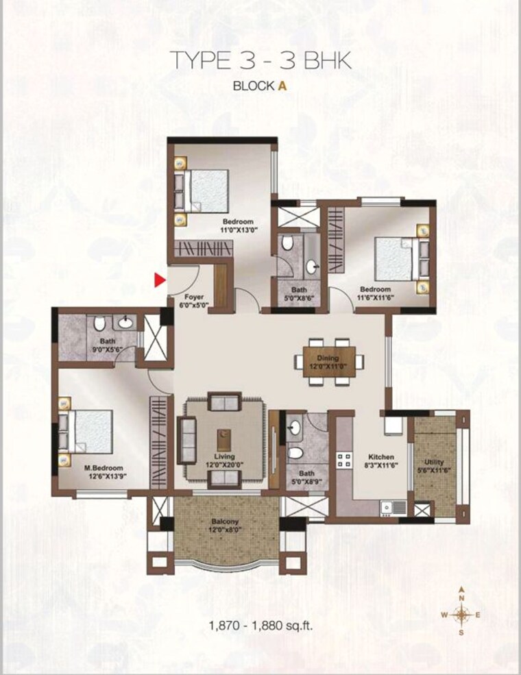Floor Plan, horamavu 3 Bedroom 1890 Sq.Ft. Apartment In Horamavu Bangalore 9028621